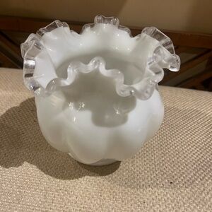 Vintage Fenton Silver Crest Milk Glass Rose Bowl Vase Elegant White Ruffled Vase